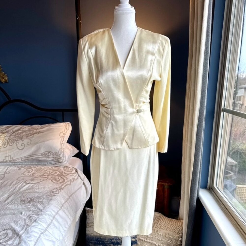 80s Vintage Cream Satin Skirt Suit